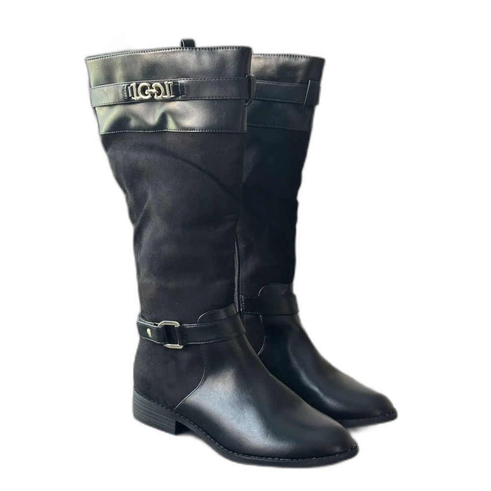 Liz Claiborne LC Roma Black Riding Boots Women's Size 8.5 M Mid Calf Gold Trim - Picture 4 of 6